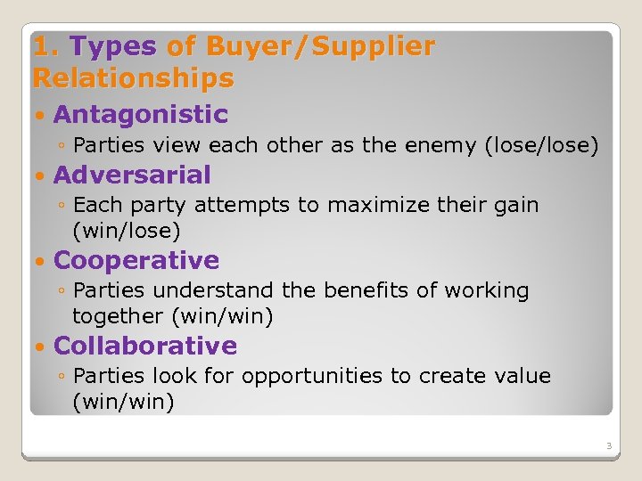 1. Types of Buyer/Supplier Relationships Antagonistic ◦ Parties view each other as the enemy