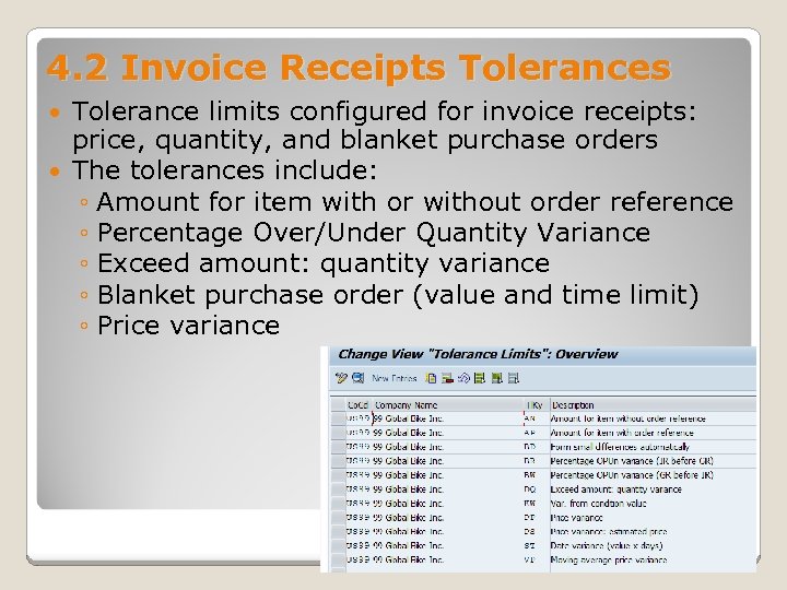 4. 2 Invoice Receipts Tolerance limits configured for invoice receipts: price, quantity, and blanket