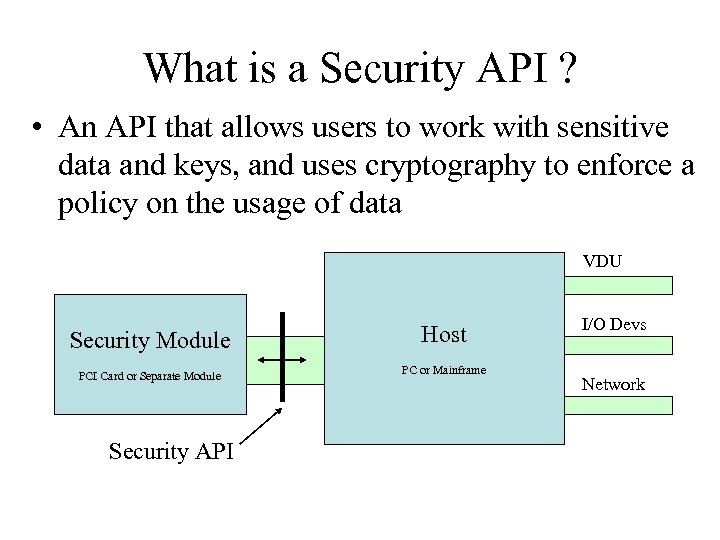 What is a Security API ? • An API that allows users to work