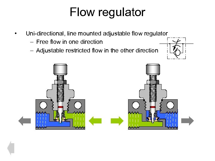 Flow regulator • Uni-directional, line mounted adjustable flow regulator – Free flow in one