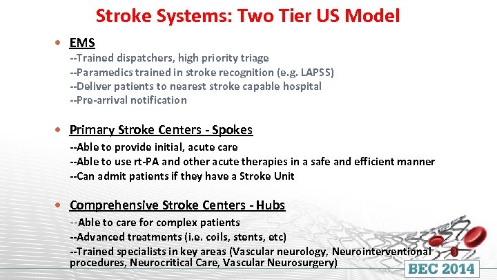 Stroke Systems: Two Tier US Model EMS --Trained dispatchers, high priority triage --Paramedics trained