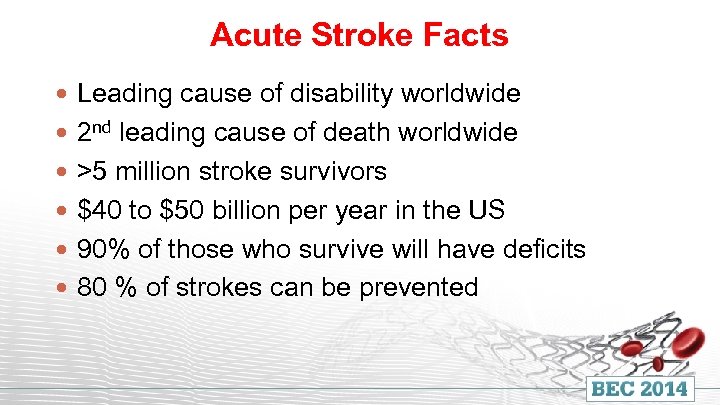 Acute Stroke Facts Leading cause of disability worldwide 2 nd leading cause of death