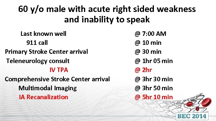 60 y/o male with acute right sided weakness and inability to speak Last known
