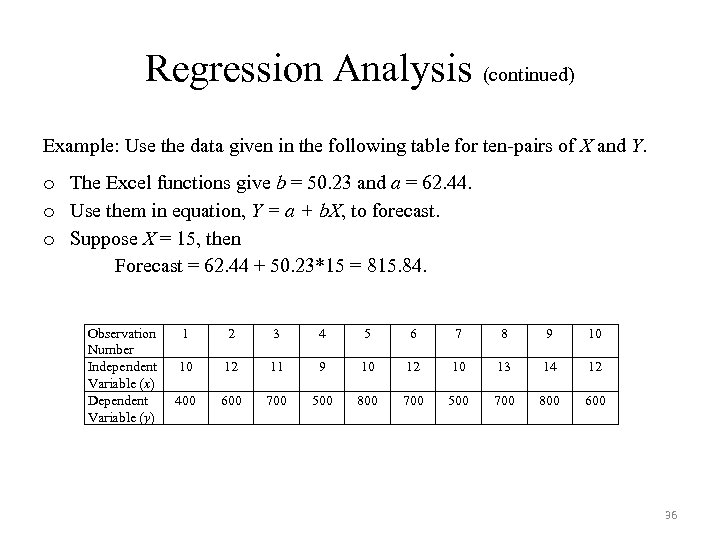 Regression Analysis (continued) Example: Use the data given in the following table for ten-pairs