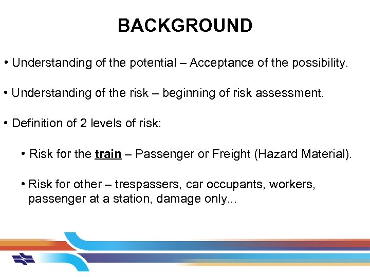 BACKGROUND • Understanding of the potential – Acceptance of the possibility. • Understanding of