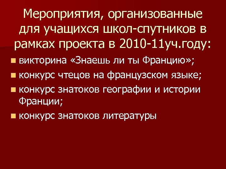 Мероприятия, организованные для учащихся школ-спутников в рамках проекта в 2010 -11 уч. году: n