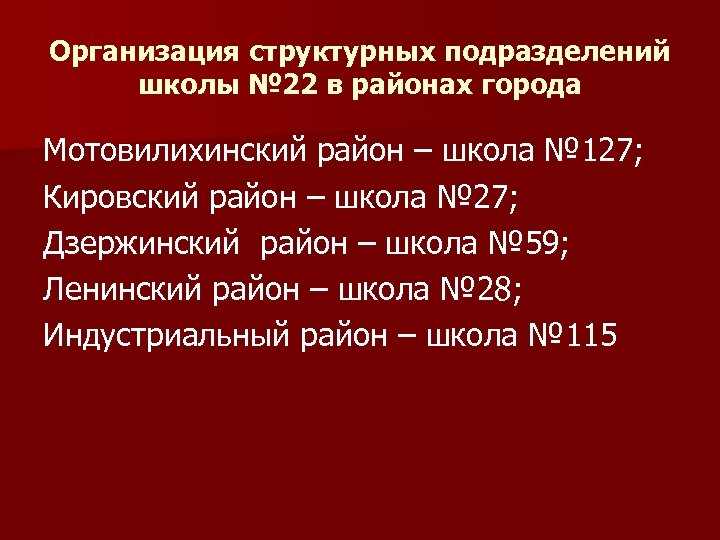 Организация структурных подразделений школы № 22 в районах города Мотовилихинский район – школа №