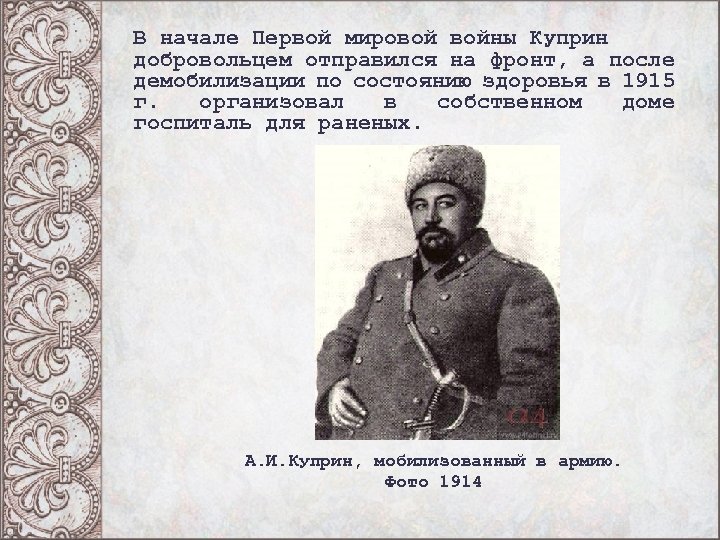 В начале Первой мировой войны Куприн добровольцем отправился на фронт, а после демобилизации по
