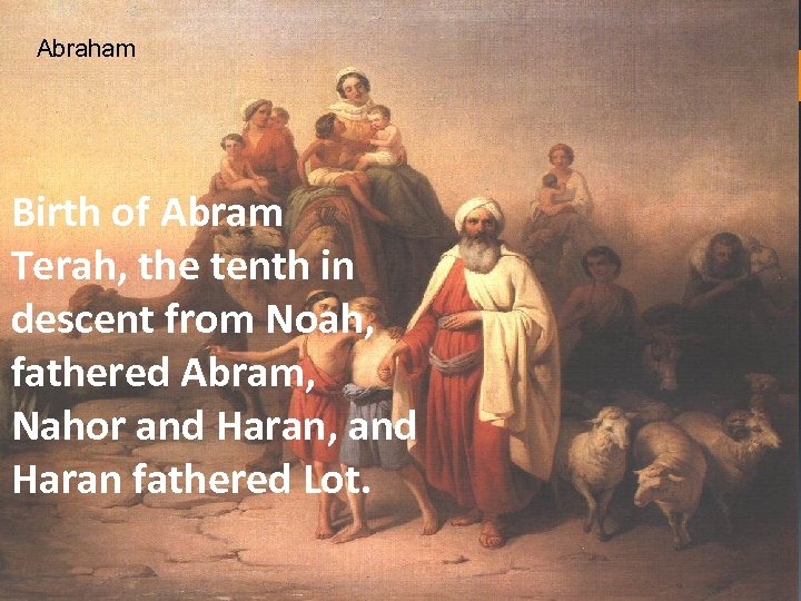 Abraham Birth of Abram Terah, the tenth in descent from Noah, fathered Abram, Nahor