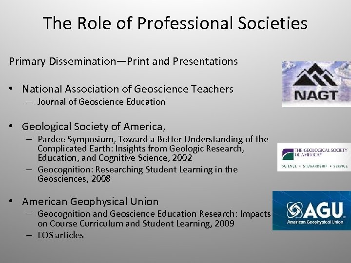 The Role of Professional Societies Primary Dissemination—Print and Presentations • National Association of Geoscience