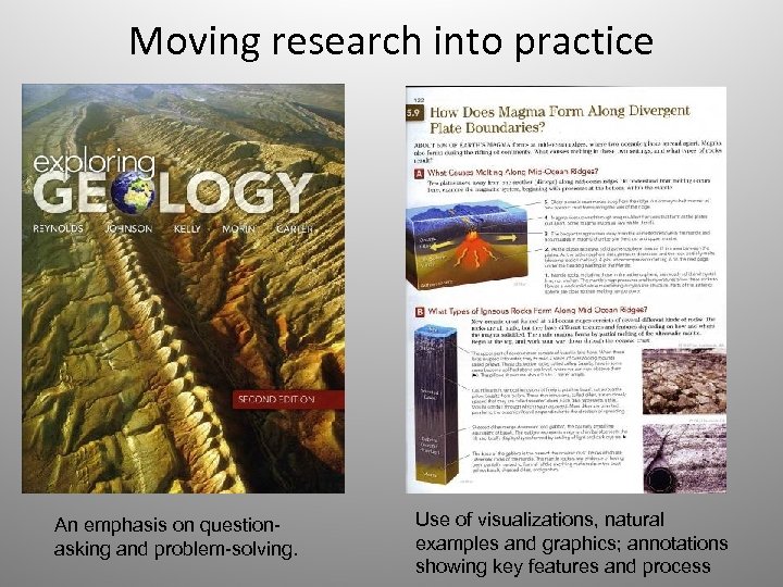 Moving research into practice An emphasis on questionasking and problem-solving. Use of visualizations, natural