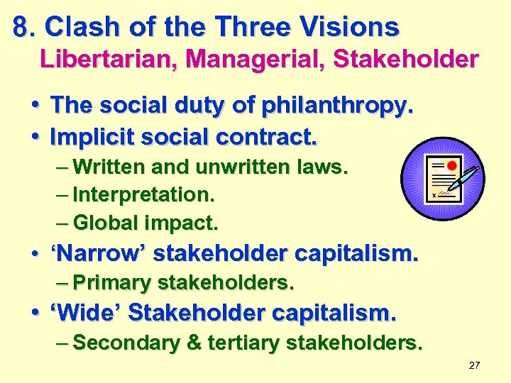 8. Clash of the Three Visions Libertarian, Managerial, Stakeholder • The social duty of