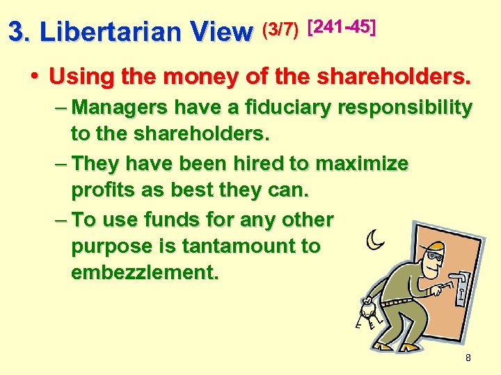 3. Libertarian View (3/7) [241 -45] • Using the money of the shareholders. –
