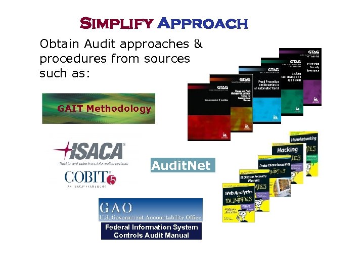 Simplify Approach Obtain Audit approaches & procedures from sources such as: GAIT Methodology Audit.
