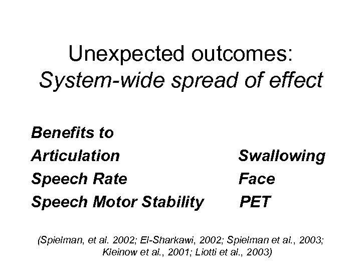 Unexpected outcomes: System-wide spread of effect Benefits to Articulation Speech Rate Speech Motor Stability