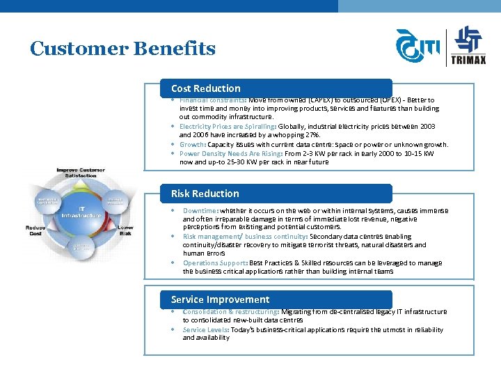 Customer Benefits Cost Reduction • Financial constraints: Move from owned (CAPEX) to outsourced (OPEX)
