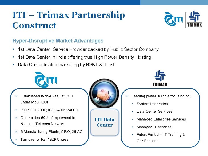 ITI – Trimax Partnership Construct Hyper-Disruptive Market Advantages • 1 st Data Center Service