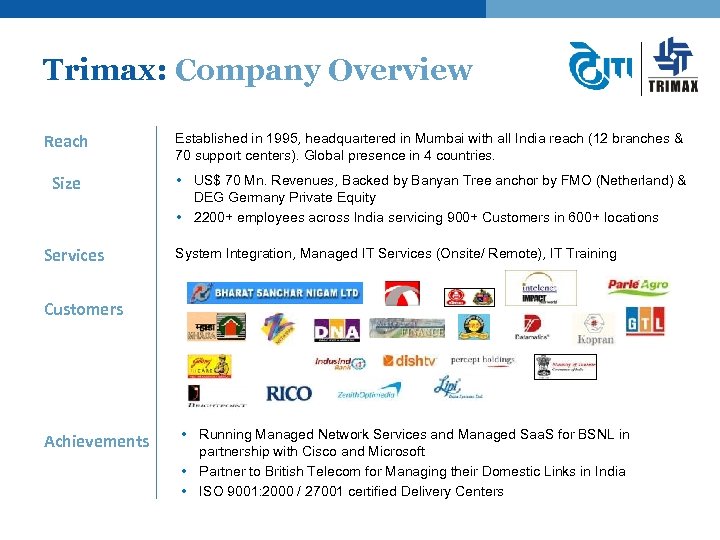 Trimax: Company Overview Reach Established in 1995, headquartered in Mumbai with all India reach