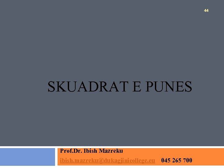 44 SKUADRAT E PUNES Prof. Dr. Ibish Mazreku ibish. mazreku@dukagjinicollege. eu 045 265 700
