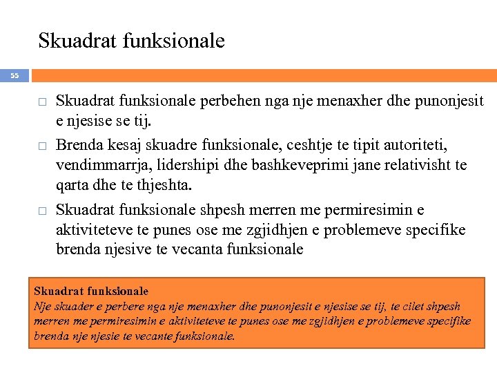 Skuadrat funksionale 55 Skuadrat funksionale perbehen nga nje menaxher dhe punonjesit e njesise se