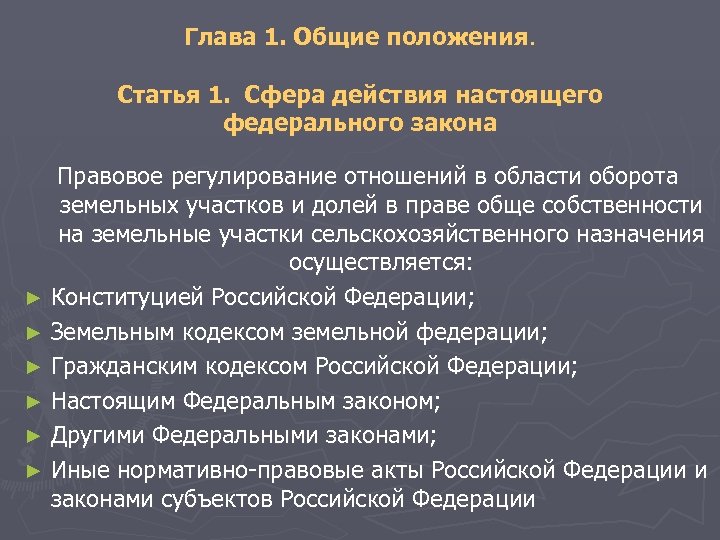 Глава 1. Общие положения. Статья 1. Сфера действия настоящего федерального закона Правовое регулирование отношений