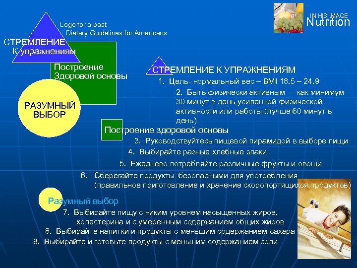 IN HIS IMAGE Logo for a past Dietary Guidelines for Americans Nutrition СТРЕМЛЕНИЕ К