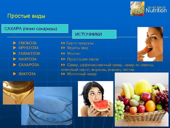IN HIS IMAGE Nutrition Простые виды САХАРА (moнo сахариды) ИСТОЧНИКИ u u u ГЛЮКОЗА