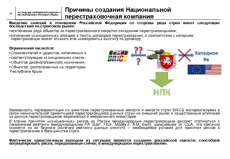 43 АКТУАЛЬНЫЕ НАПРАВЛЕНИЯ НАДЗОРА И РЕГУЛИРОВАНИЯ СТРАХОВОГО РЫНКА Причины создания Национальной перестраховочная компания Введение