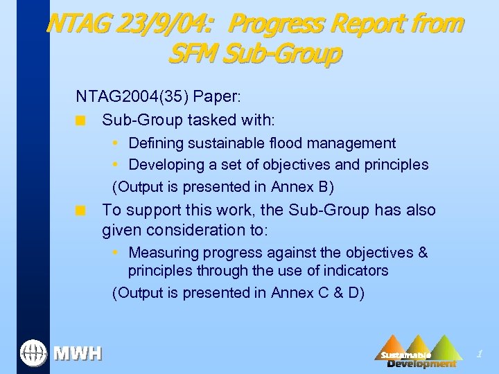 NTAG 23/9/04: Progress Report from SFM Sub-Group NTAG 2004(35) Paper: n Sub-Group tasked with:
