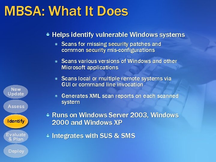 MBSA: What It Does Helps identify vulnerable Windows systems Scans for missing security patches