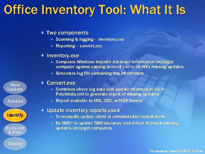 Office Inventory Tool: What It Is Two components Scanning & logging – inventory. exe