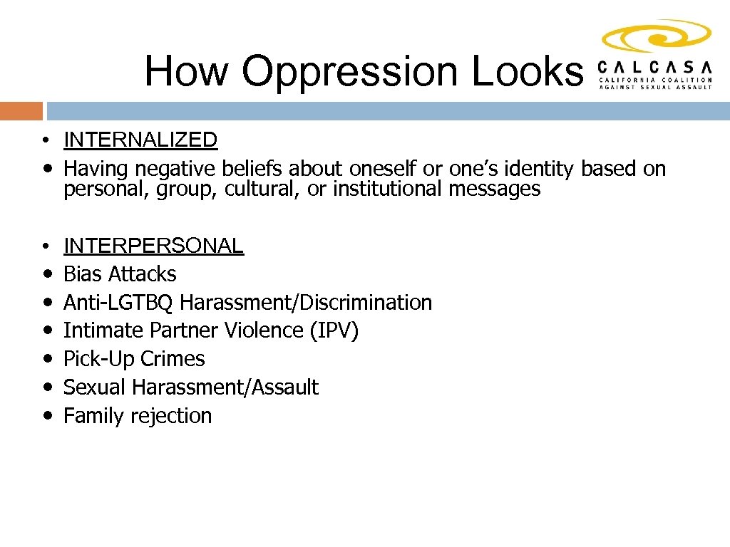 How Oppression Looks • INTERNALIZED Having negative beliefs about oneself or one’s identity based