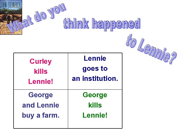 Curley kills Lennie! Lennie goes to an institution. George and Lennie buy a farm.