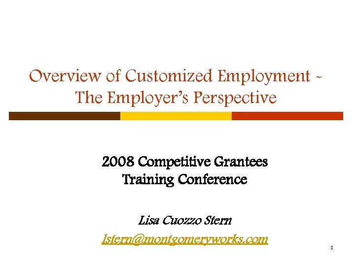 Overview of Customized Employment The Employer’s Perspective 2008 Competitive Grantees Training Conference Lisa Cuozzo