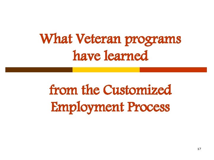 What Veteran programs have learned from the Customized Employment Process 17 