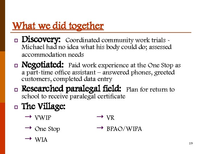 What we did together p Discovery: p Negotiated: p Researched paralegal field: Coordinated community