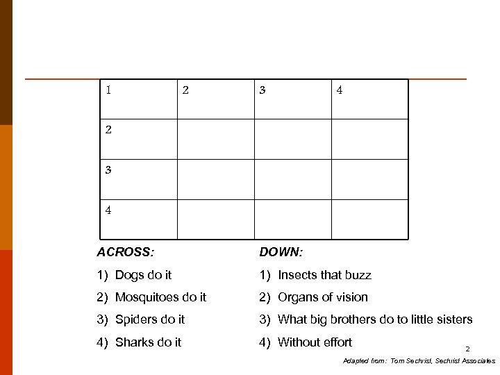 1 2 3 4 ACROSS: DOWN: 1) Dogs do it 1) Insects that buzz