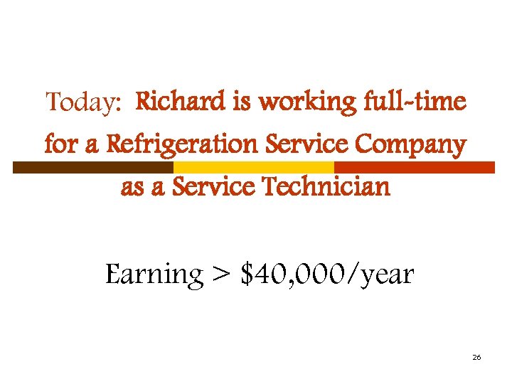 Today: Richard is working full-time for a Refrigeration Service Company as a Service Technician