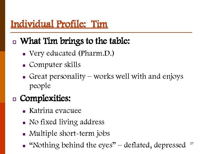 Individual Profile: Tim p What Tim brings to the table: n n n p