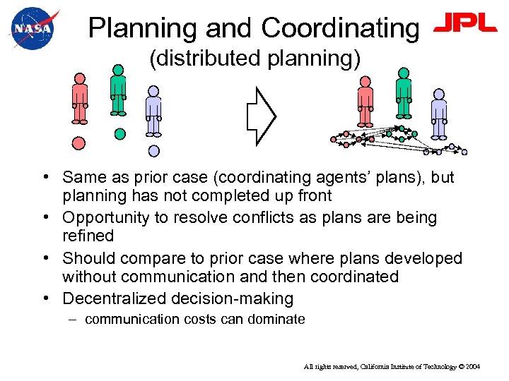Planning and Coordinating (distributed planning) • Same as prior case (coordinating agents’ plans), but