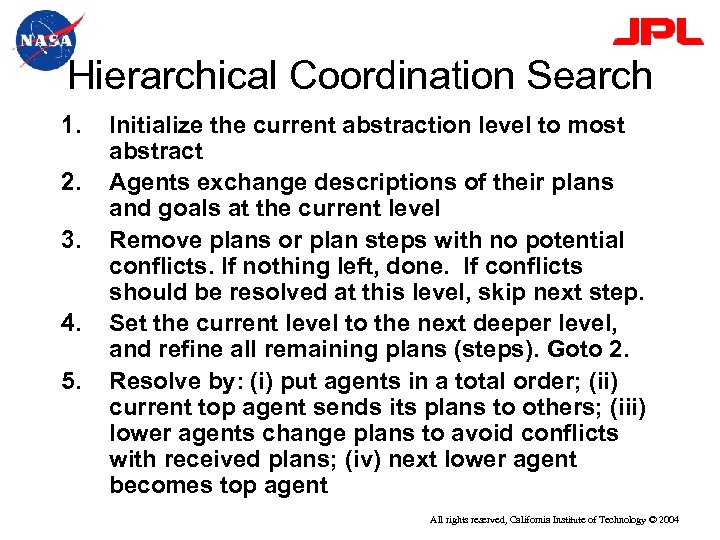 Hierarchical Coordination Search 1. 2. 3. 4. 5. Initialize the current abstraction level to