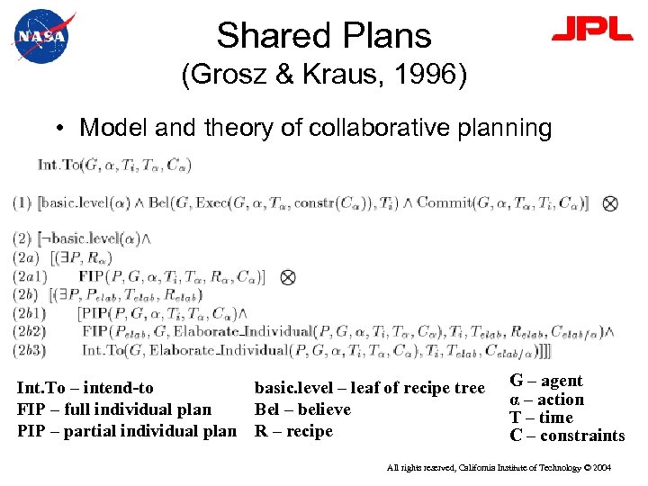 Shared Plans (Grosz & Kraus, 1996) • Model and theory of collaborative planning Int.