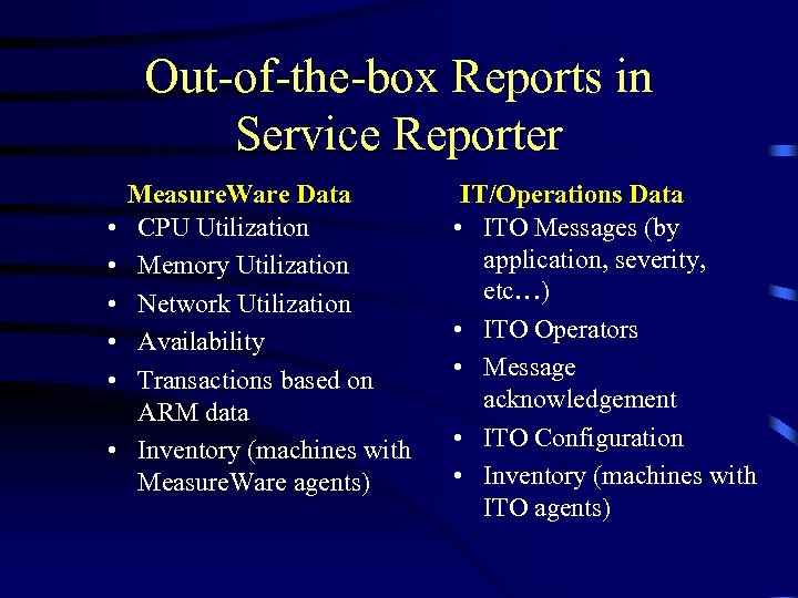 Out-of-the-box Reports in Service Reporter • • • Measure. Ware Data CPU Utilization Memory