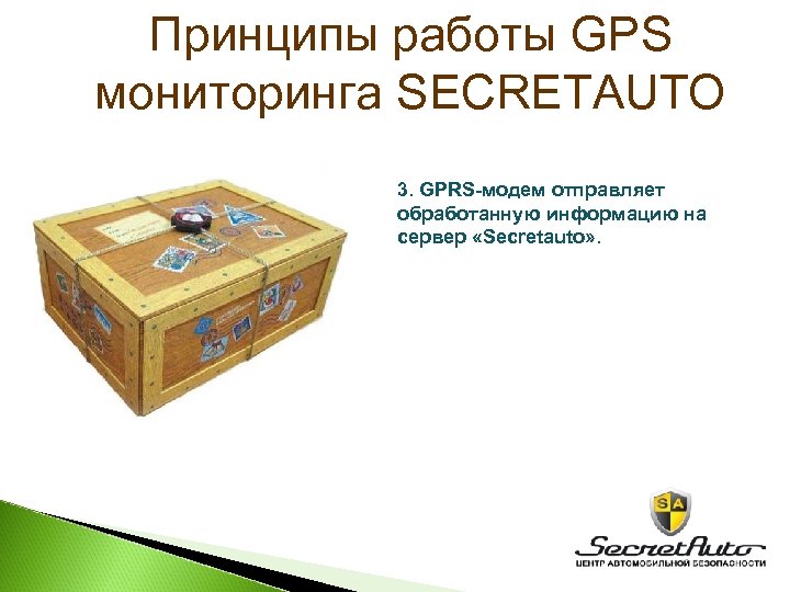 Принципы работы GPS мониторинга SECRETAUTO 3. GPRS-модем отправляет обработанную информацию на сервер «Secretauto» .
