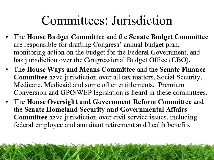 Committees: Jurisdiction • The House Budget Committee and the Senate Budget Committee are responsible