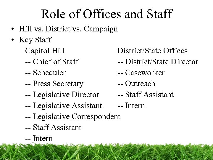 Role of Offices and Staff • Hill vs. District vs. Campaign • Key Staff