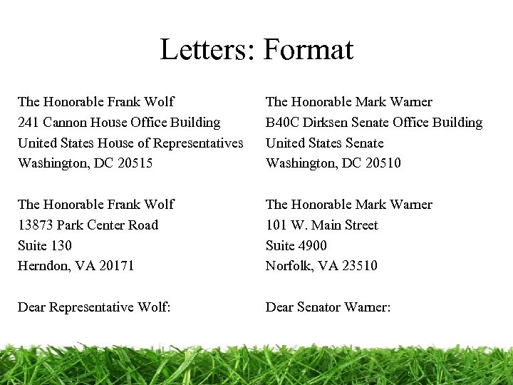 Letters: Format The Honorable Frank Wolf 241 Cannon House Office Building United States House