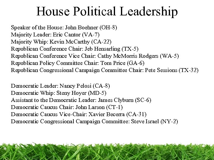 House Political Leadership Speaker of the House: John Boehner (OH-8) Majority Leader: Eric Cantor