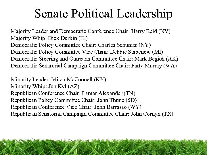 Senate Political Leadership Majority Leader and Democratic Conference Chair: Harry Reid (NV) Majority Whip: