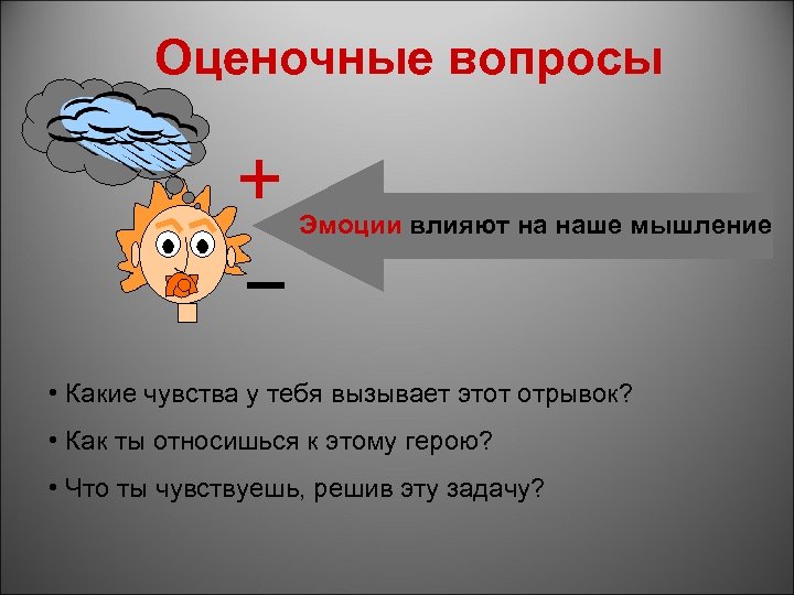 Оценочные вопросы Эмоции влияют на наше мышление • Какие чувства у тебя вызывает этот